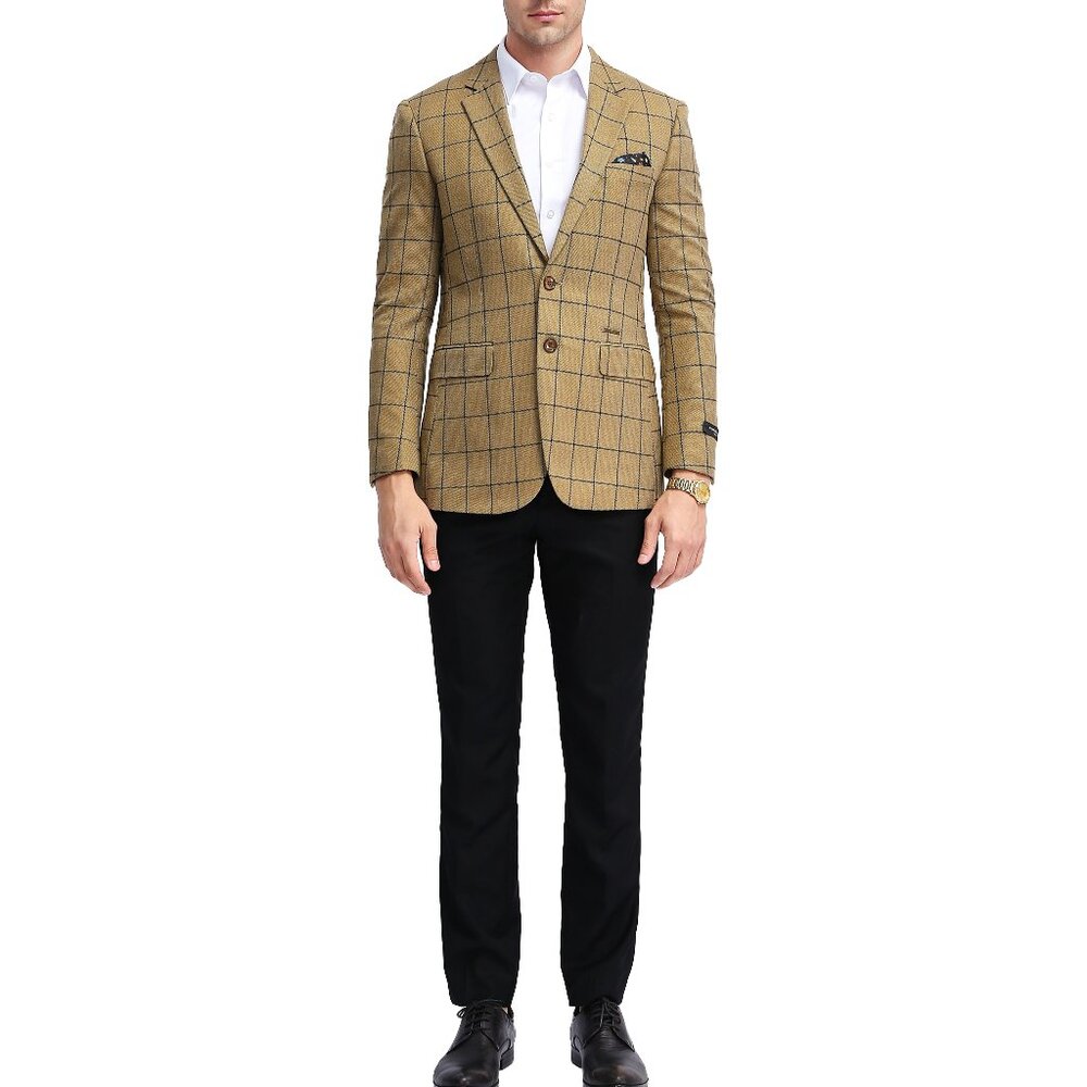 Gold Checker Plaid Notch Lapel Slim Fit Men's Jacket